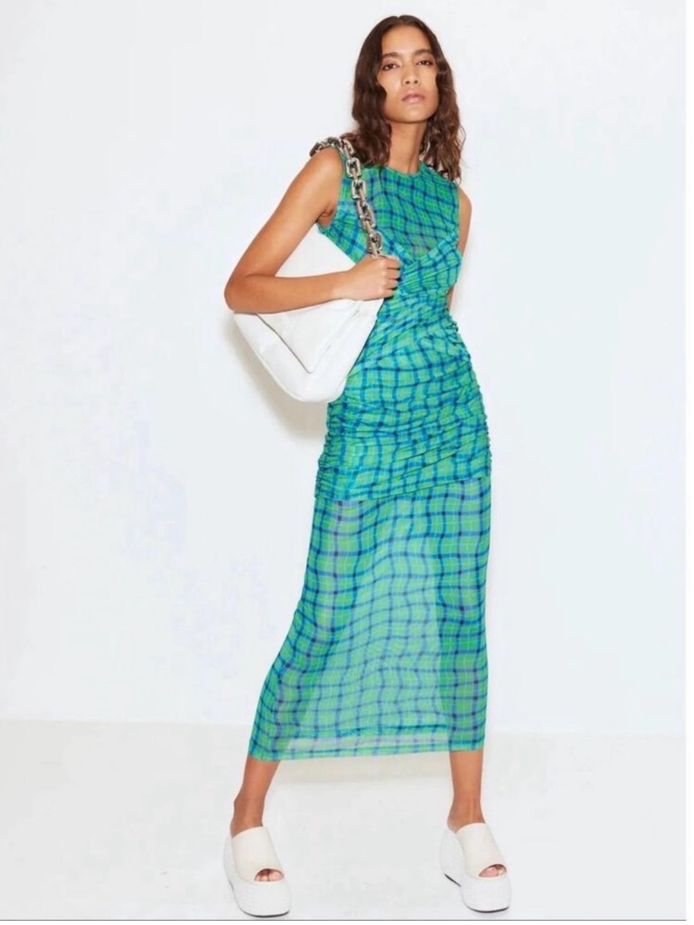 Simon Miller Kinny Ruched Plaid Mesh Midi Dress Anthropologie Green Blue- Size L - Picture 3 of 13